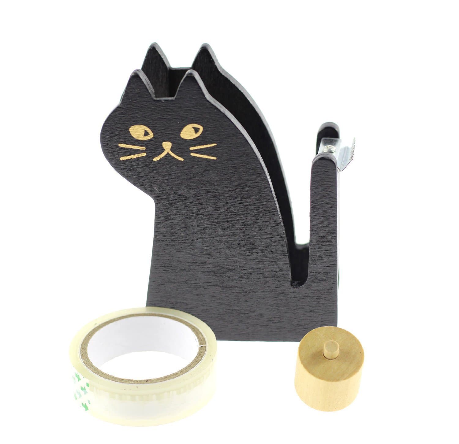 Cute Wooden Cat Kitten Desktop Tape Dispenser (BLACK)
