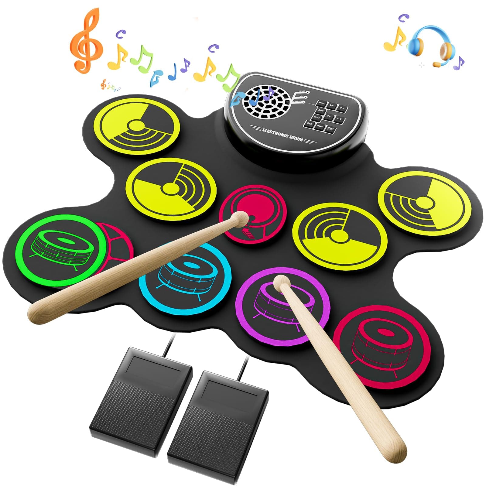 Electronic Drum Set, 10 Pads Roll-up Drum Practice Pad with Drum Pedals & Sticks, Built-in Speaker with Headphone Jack, Great Christmas & Birthday Gift for Kids