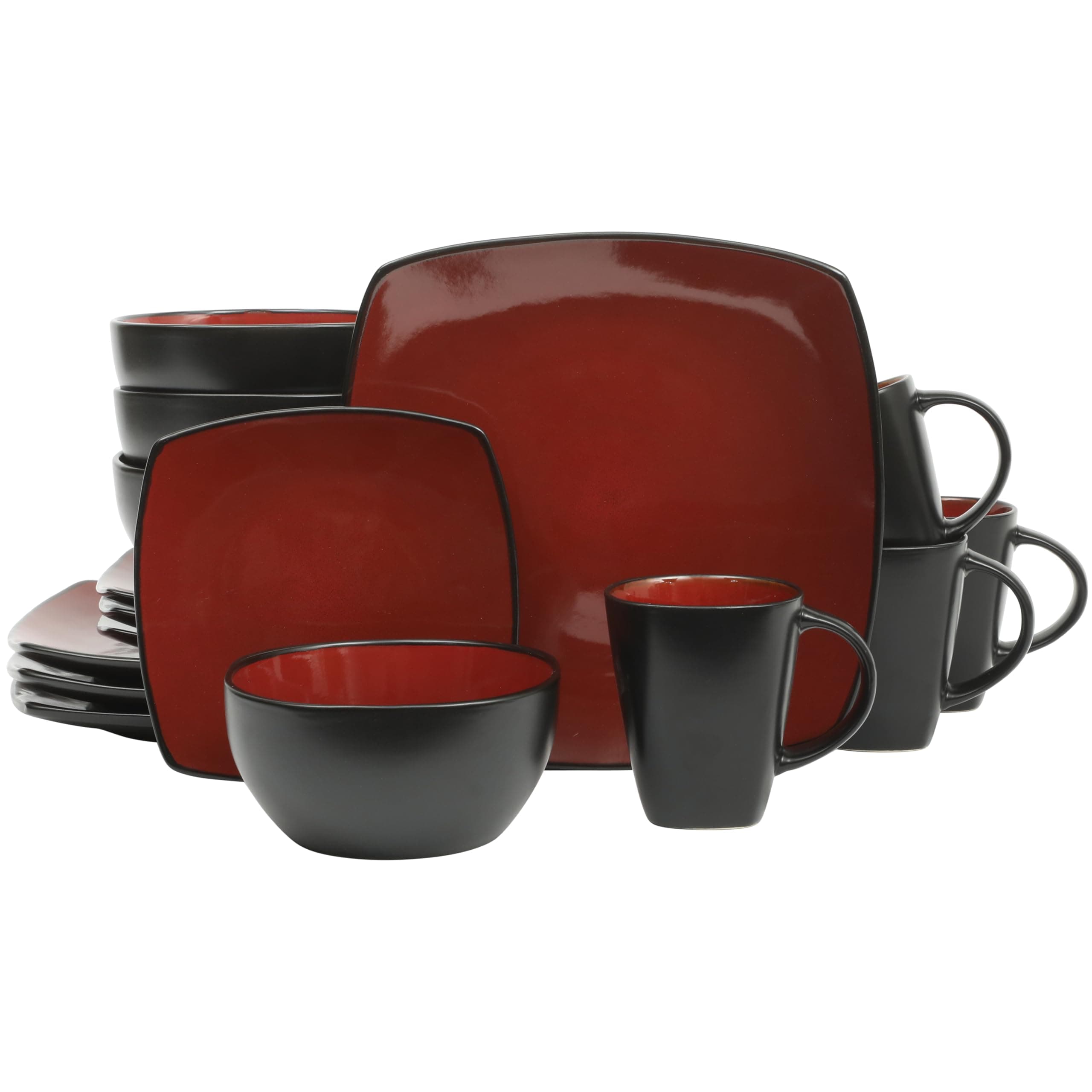 Gibson Soho Lounge 16-Piece Square Reactive Glaze Dinnerware Set, Red
