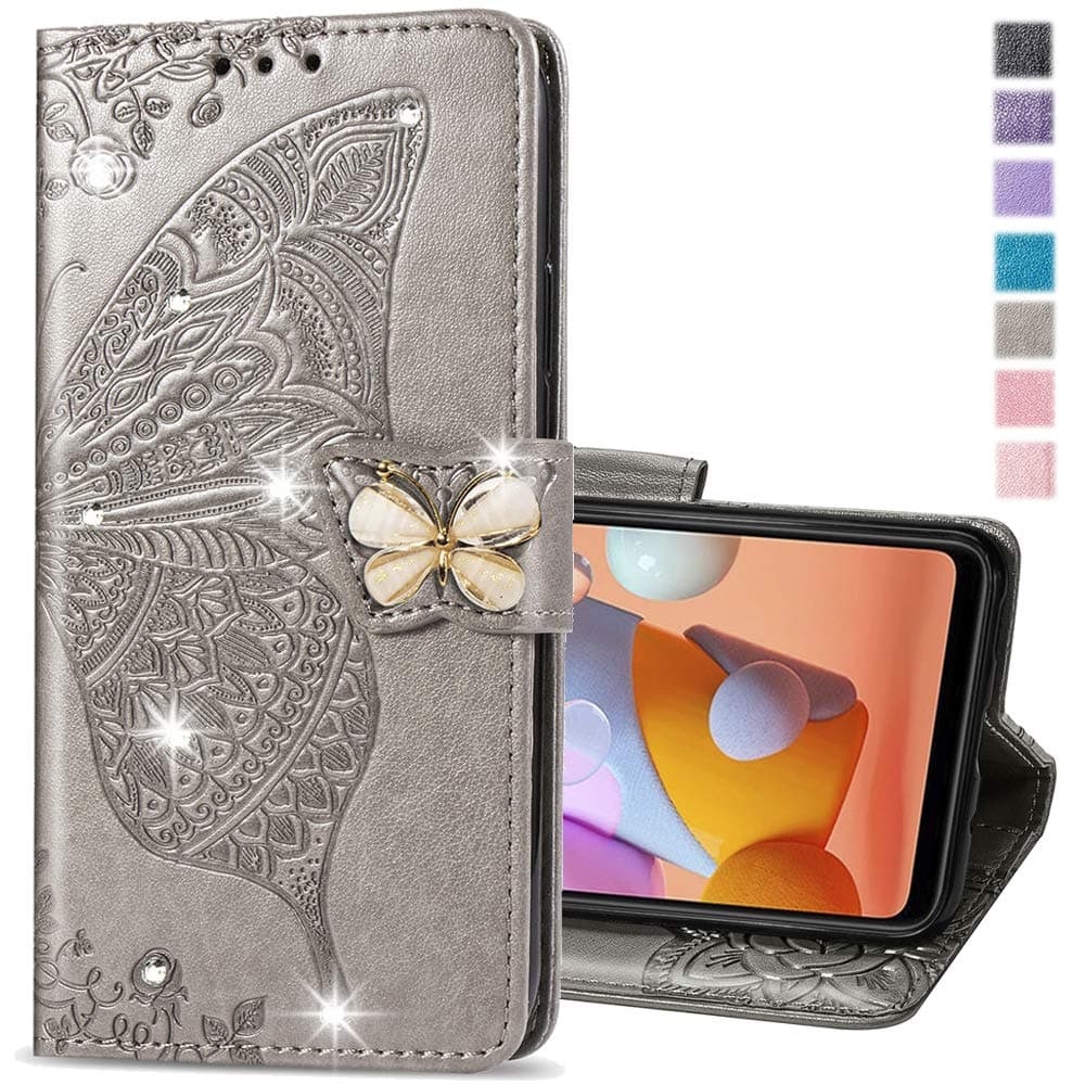 COTDINFOR Wallet Case for Samsung Galaxy Z Fold 5 Case Crystal Glitter Bling with Card Holder Stand Leather Flip Phone Case Diamond Butterfly Protective Case for Samsung Galaxy Z Fold 5 Crystal Grey