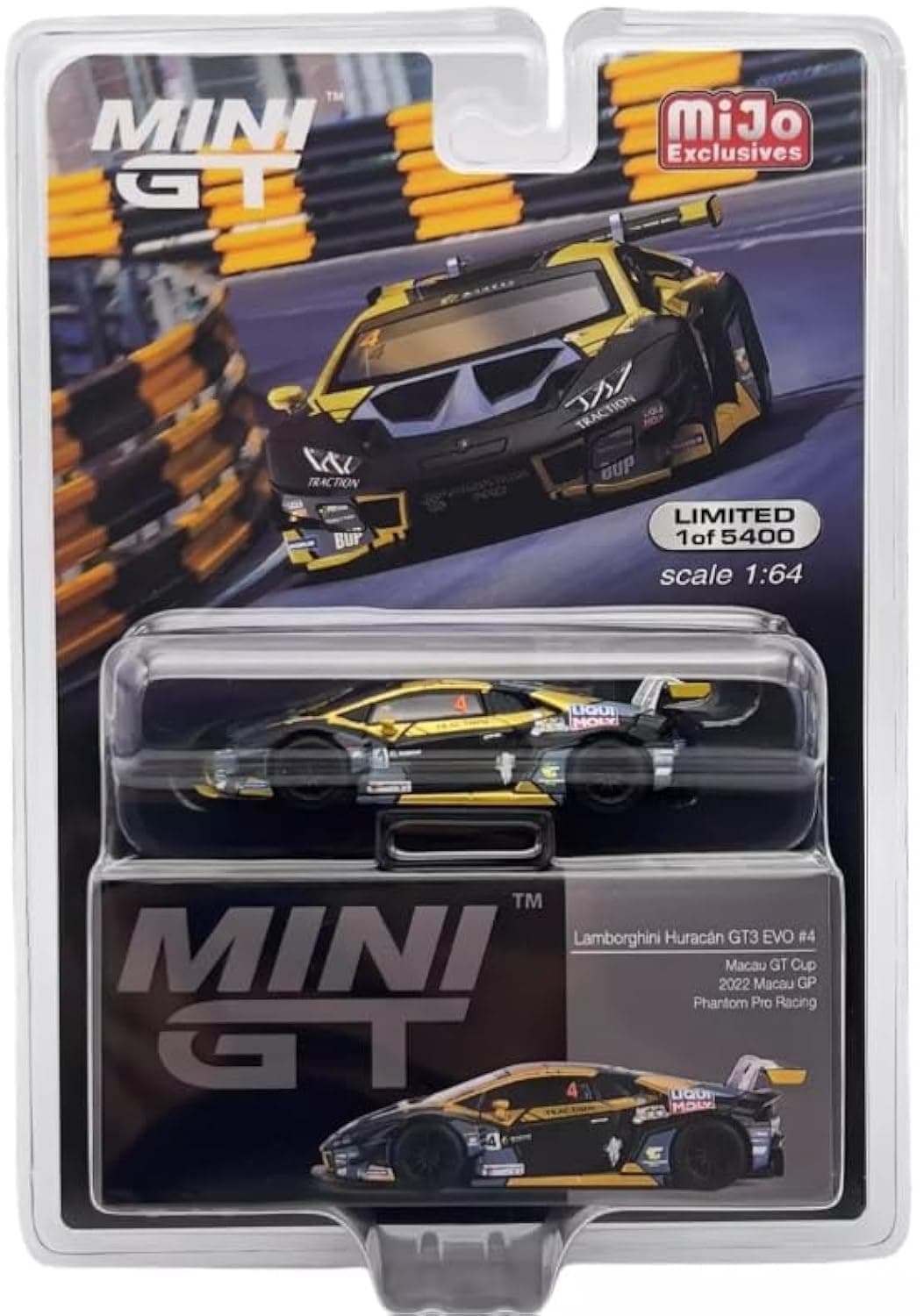 MINI GT True Scale Miniatures Model Car Compatible with Lamborghini Huracan GT3 EVO #4 2022 Macau GP Cup 3rd Place 1/64 Diecast Model Car MGT00645