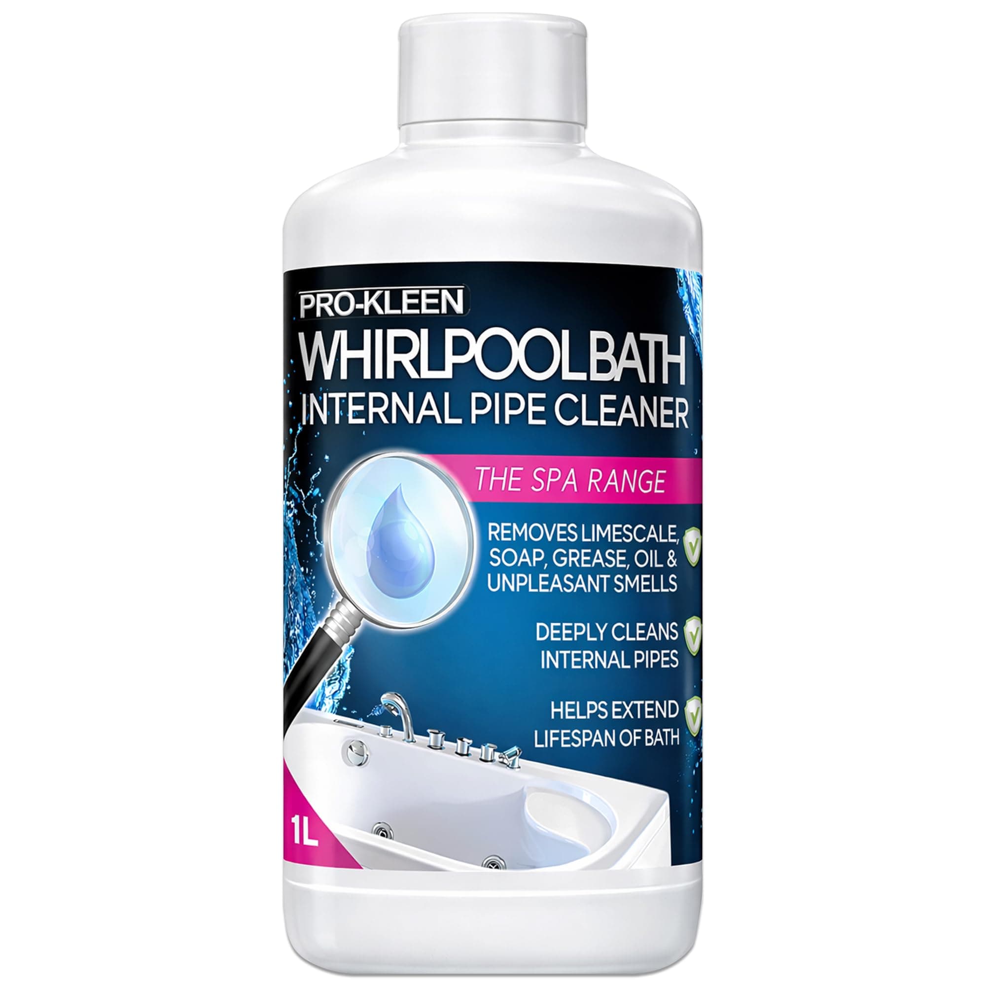 Pro-Kleen Whirlpool Bath Internal Pipe Cleaner (1L) - Provides a Deep, Hygienic Clean to Remove Limescale, Soap, Oil, Grease & Unpleasant Smells from Internal Pipes