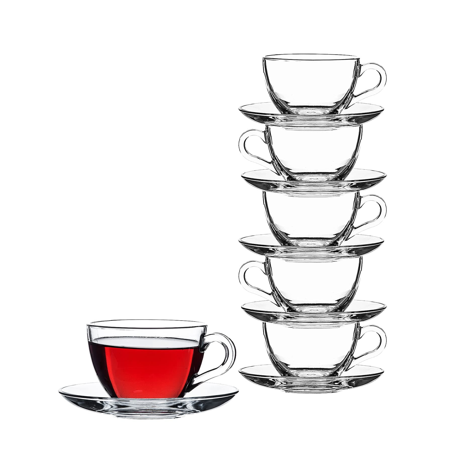 Pasabahce Basic 97948 12-Piece Glass Cups with Saucers for Tea, Coffee, Cappuccino for 6 People, 238ml