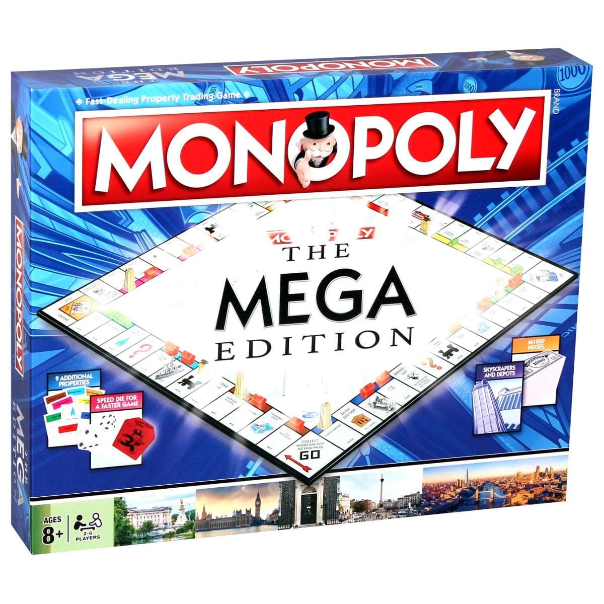 Mega Monopoly Board Game, 12 Extra Spaces Including Downing Street, Saville Row and Knightsbridge, Invest in Skyscrapers, for Ages 8 Plus
