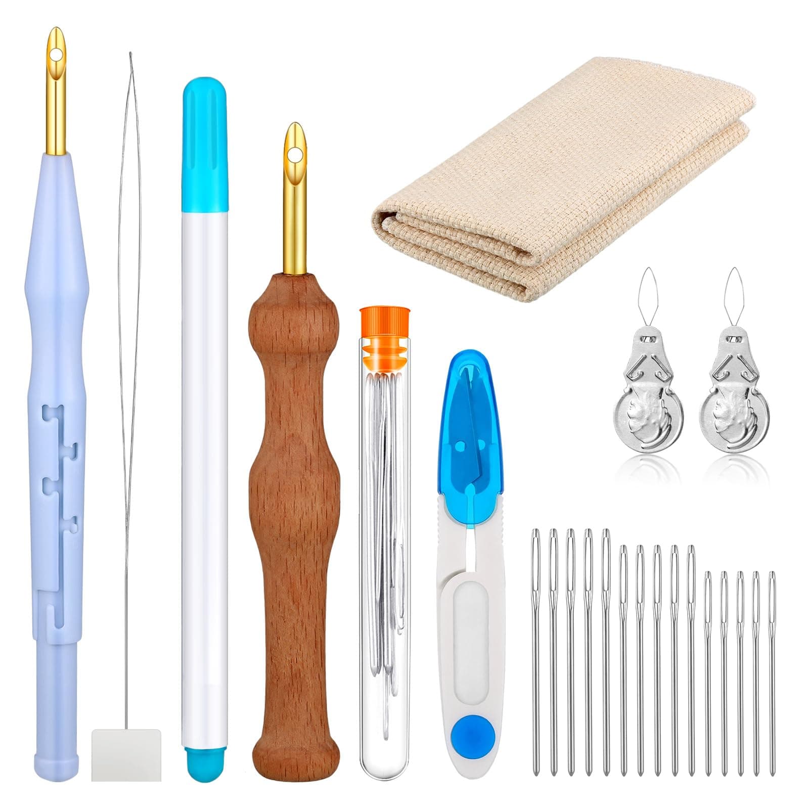 WILLBOND 17 Pcs Punch Needle Kit Adjustable Punch Needle Tool Include Wooden Handle Embroidery Pen Cloth Large Eye Sewing Needles for Beginners Adults DIY Craft Gifts(Blue, Sky Blue)