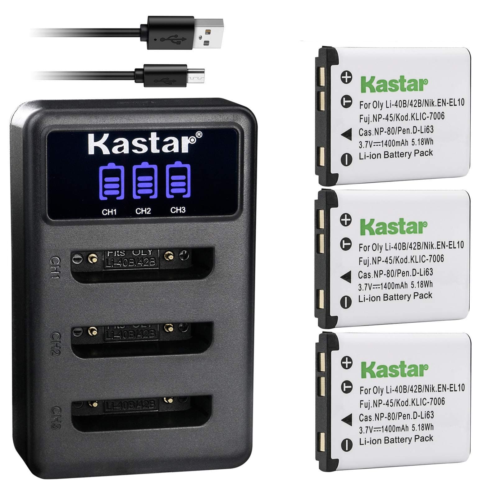 Kastar Battery 3-Pack + LCD Triple Charger Replacement for Olympus LI-42B LI-40B, Fujifilm NP-45 NP-45A NP-45B NP-45S, Nikon EN-EL10, Kodak KLIC-7006, Casio NP-80, Pentax D-Li63 D-Li108, Ricoh DS-6365