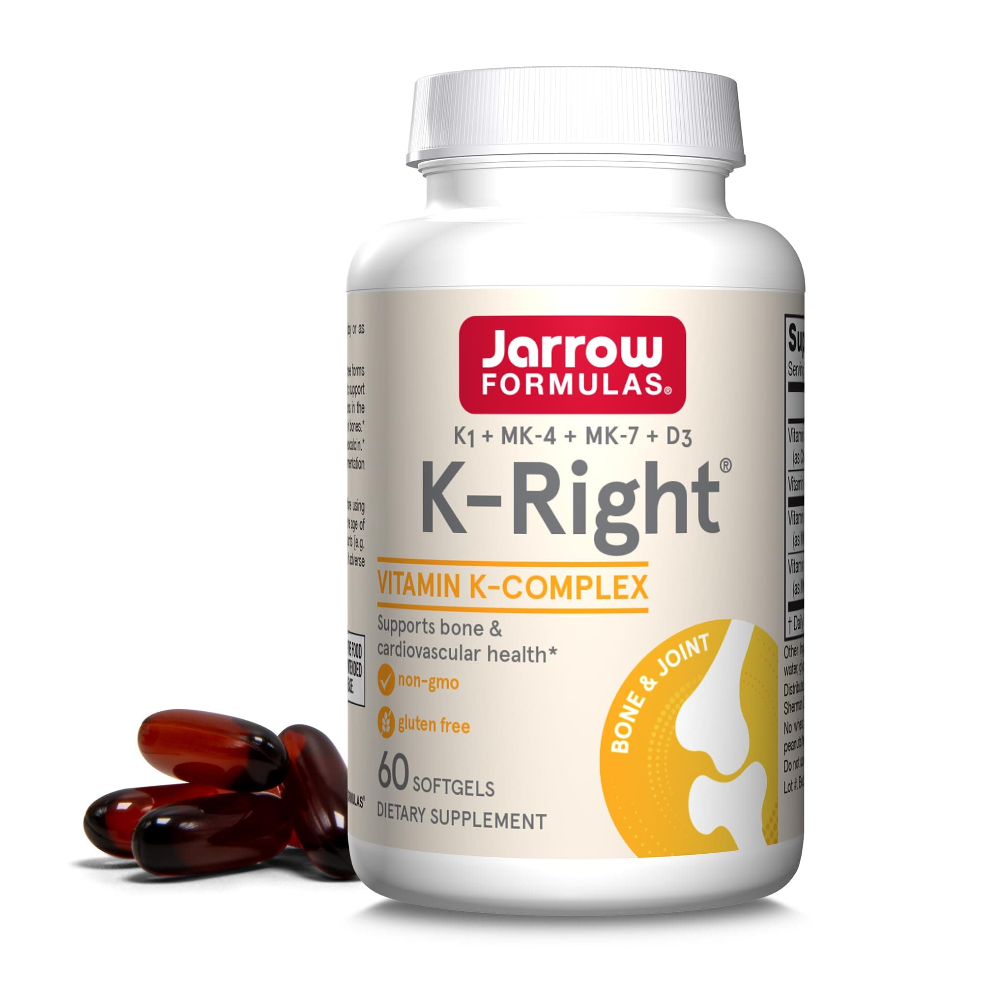 Jarrow Formulas K-Right - Vitamin K-Complex (K1, MK-4, MK-7, D3) - 60 Servings (Softgels) - Dietary Supplement for Bone & Cardiovascular Health Support - Vitamin K2 MK-7 - Gluten Free