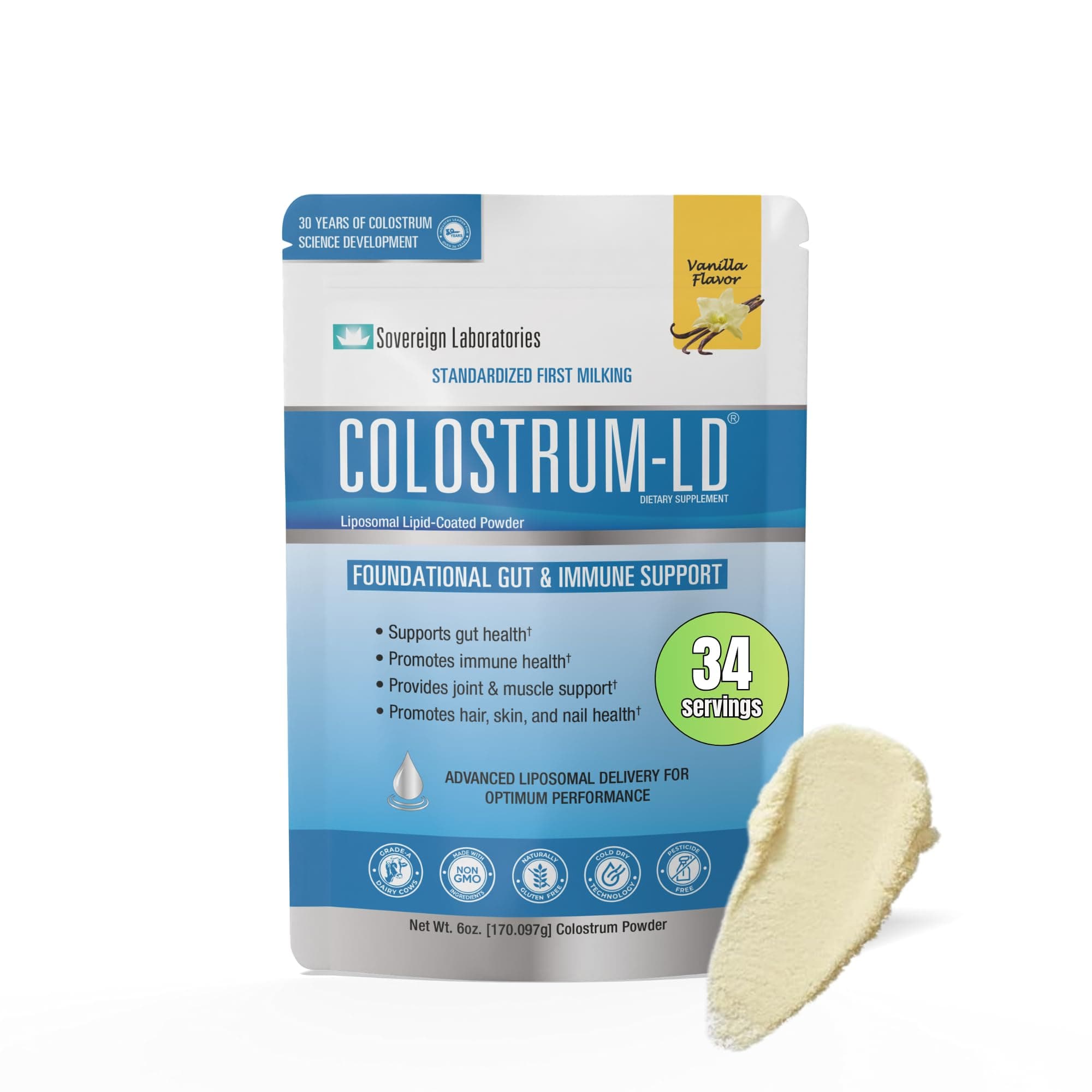 Colostrum-LD Advanced Absorption Liposomal Powder - Halal Certified Proprietary Tech Provides up to 1500% More Bio-Available Over Regular - Vanilla 170 Grams