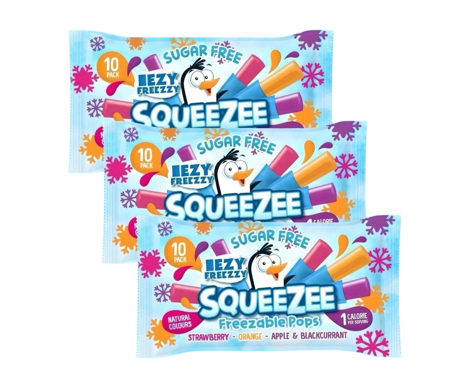 Sugar Free Squeezy Ice Lolly Pops 3 X (Pack of 10 X 50ml) Eezy Freezy - Strawberry, Orange, Apple & Blackcurrant Freezable Pop Lollies - 1 Calorie per Serving