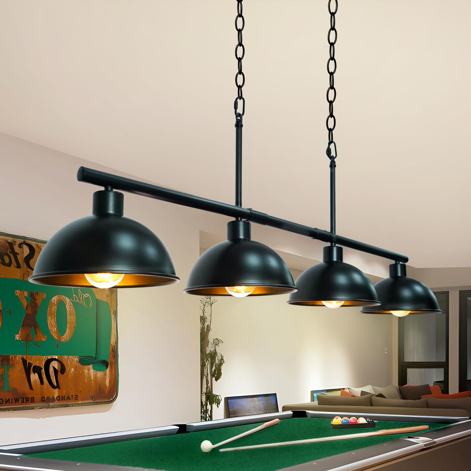 Pool Table Light for 7' 8' Adjustable Pool Table Lights Hanging Over Pool Table Lights, 4 Lights Island Lights Farmhouse Dining Room Light Fixture for Billiards Room, Matte Black Metal Shade
