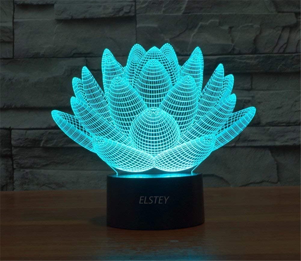 Elstey® Blooming Lotus 3D Model Visual Optical Illusion 7 Color Change Touch Switch Nightlight LED Desk Lamp