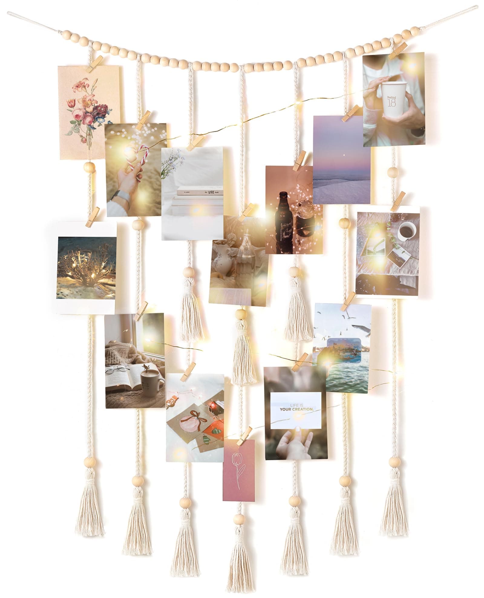 Mkono Macrame Hanging Photo Display Wall Decor with String Lights Boho Room Bedroom Decor Wooden Beads Garland Picture Holder with 30 Clips for Living Room, Nursery, Christmas Teenage Teen Girl Gifts