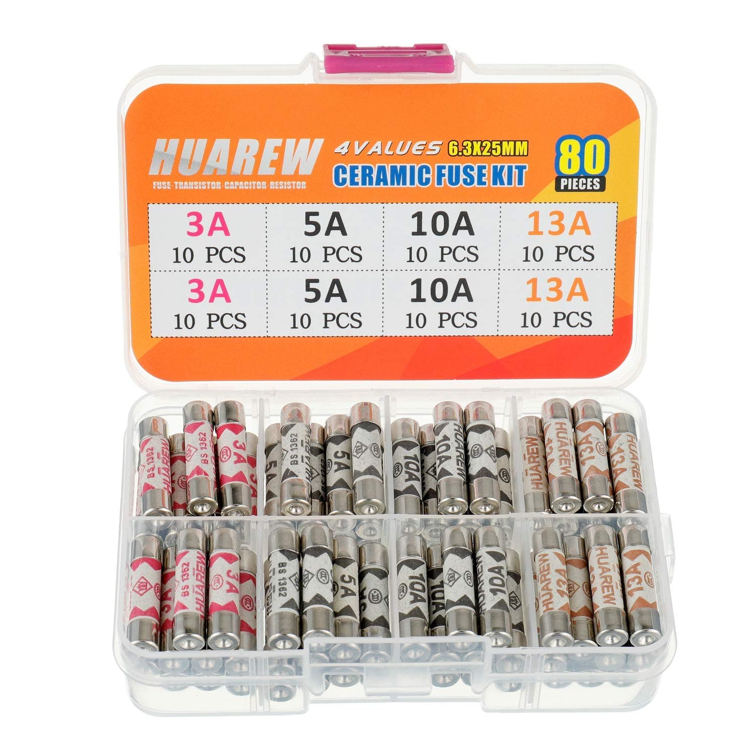 4 Values 80 Pcs 6.3x25 mm BS1362 3 5 10 13 A amp 240 V volt 0.248x0.984 Inch Ceramic Tube Fuses Assortment Kit