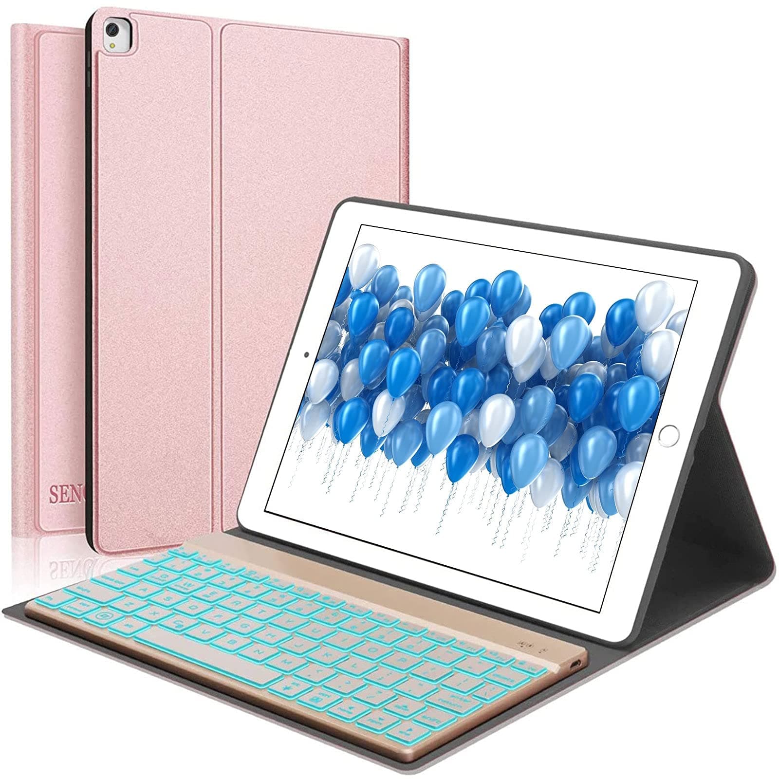 SENGBIRCH Keyboard Case for Pro 5 Generation 12.9 inch 2021, Pro 4th Generation 2020, 7 Colors Backlit Detachable Keyboard, PU Leather Stand Slim Protective Cover, Rose Gold