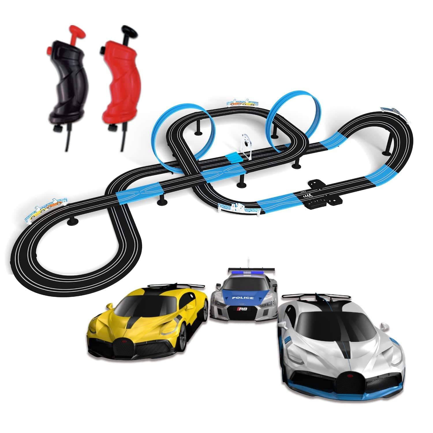AGM MASTECH Slot Car Race Track Set, High Speed Series Tram Dual Track Set with 4 Licensed Racing Slot Cars, 2 Hand Controls, Track Parts and Lap Counter, 8.4M Long Track