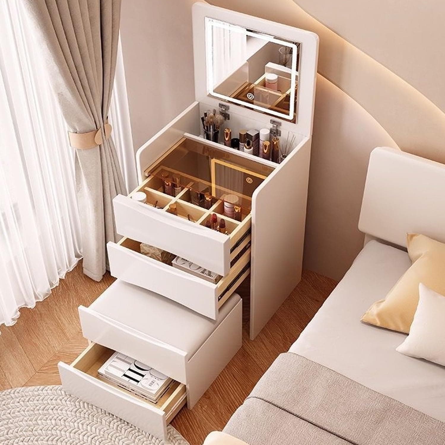 KUTIS Vanity Mirror with Lights Makeup Desk 90° Folding Vanity Set with Drawers and Stool Storage Dressing Table, Mirror 3 Color Adjustable Lighting, for Bedroom Make up Vanities 40 x 40 x 82 cm.