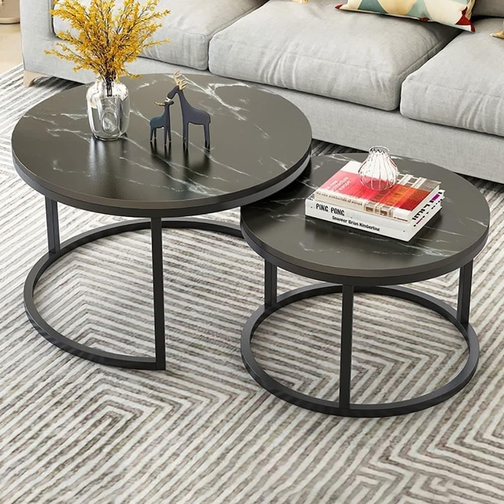 Nesting Coffee Table Set of 2,Round Coffee Table Wood Grain Top,for Living Room,Round Wooden Accent Coffee Table with Solid Powder-Coated Metal Frame(Black)