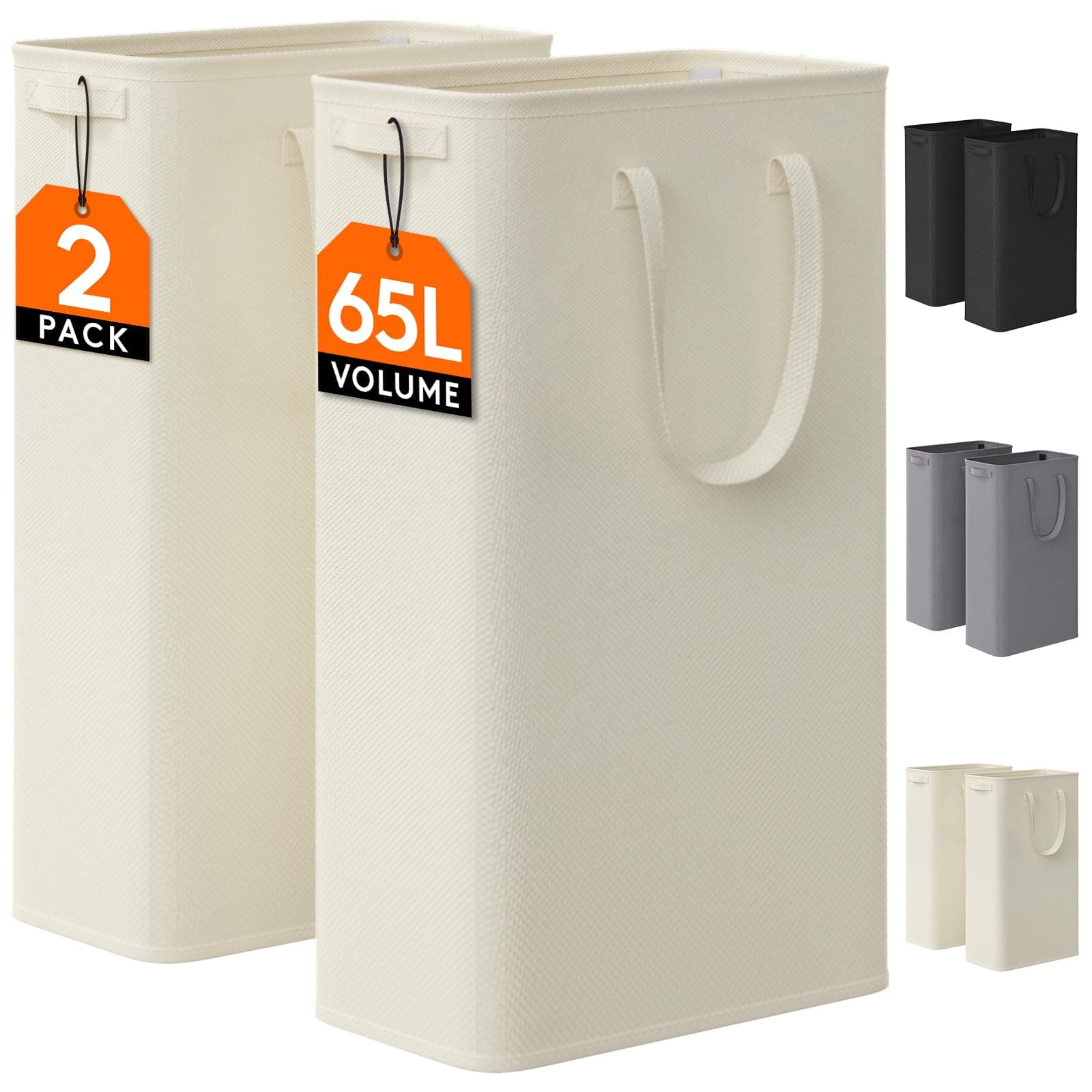 2 Pack Slim Laundry Hamper, Collapsible Narrow Laundry Basket, Small Tall Dirty Clothes Hampers with Handles for Bathroom Bedroom College Dorm, White, 65L