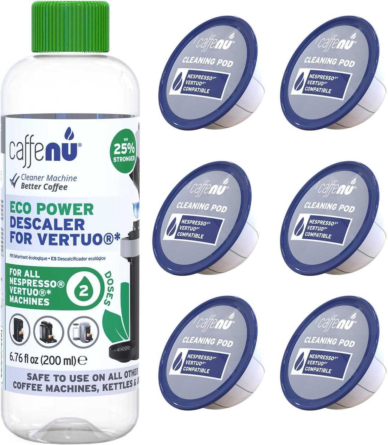 Descaling Kit Compatible with Nespresso Vertuo, 2 Uses Descaling Solution and 6 Cleaner Pods. Removes Limescale & Cleans Pod Area. Better Tasting & Hotter Coffee. 4 Months Supply.