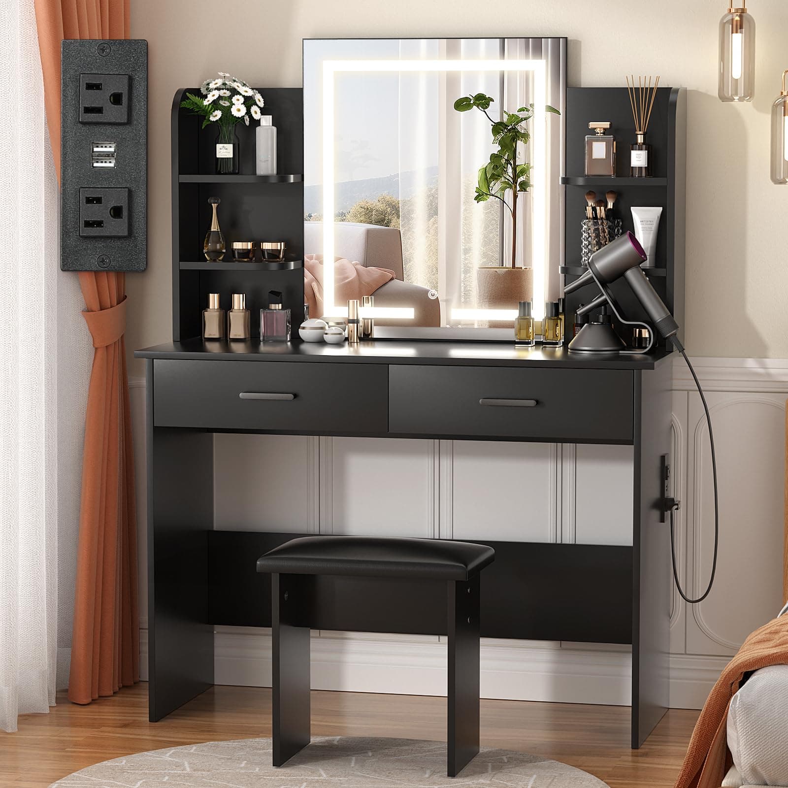 SMOOL Vanity with Lighted Mirror, Makeup Vanity Desk with Power Outlet, 3 Color Light Options Adjustable Brightness, Vanity Table with 6 Storage Shelves, 2 Large Drawers and Cushioned Stool, BlackThe Forest Stewardship Council