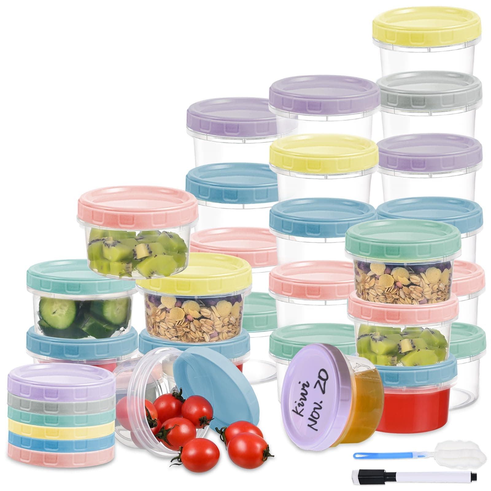 24pcs 8 oz Plastic Containers with Screw Lids, Reusable Clear Food Storage Containers with Pen and Brush for Snack Salad Fruit, Leakproof Small Freezer Containers, Microwave & Dishwasher Safe