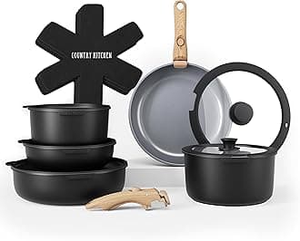 16 Piece Pots and Pans Set - Safe Nonstick Kitchen Cookware with Soft Touch Wooden Removable Handle, RV Cookware Set, Oven Safe (Black)