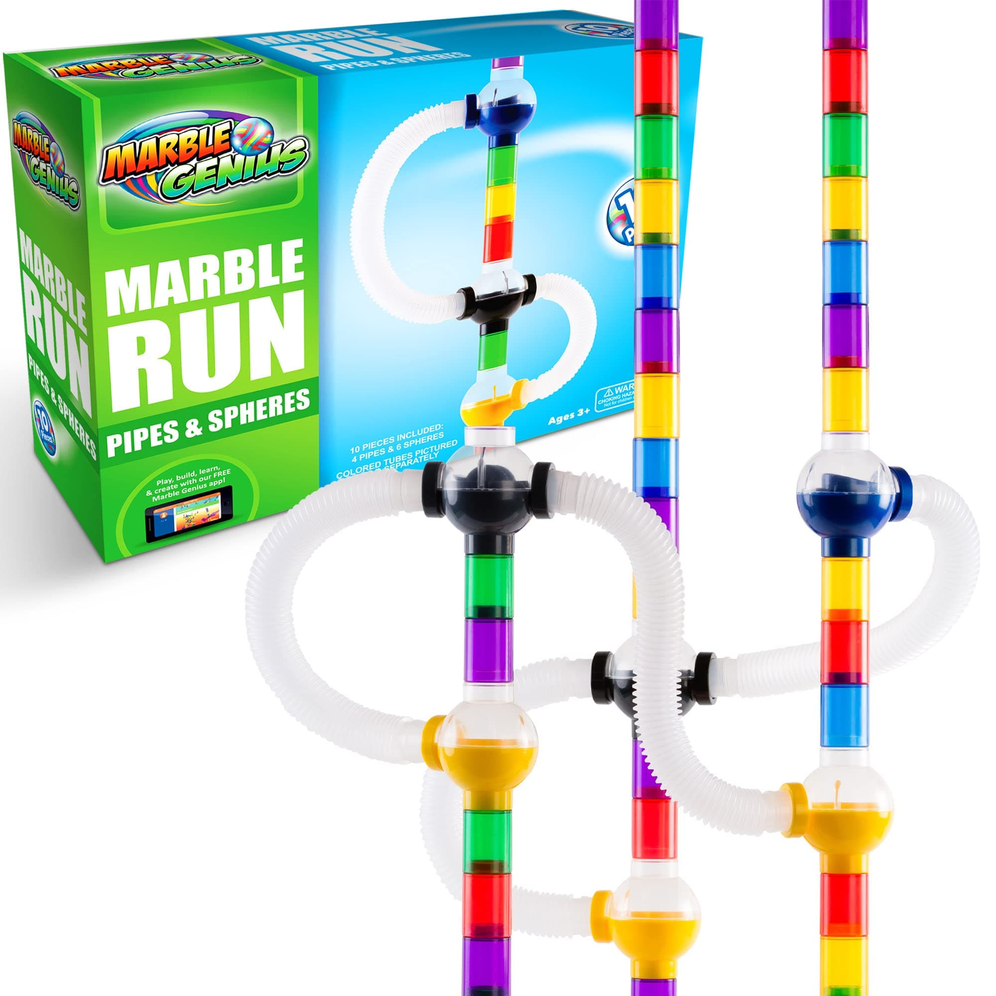 Marble Genius Marble Run Pipe & Sphere Accessory Add-on Set - 10 Pcs Total (4 Pipes, a Ramp, 5 Spheres), Alternating, Straight, & Tubes for Creating Exciting Mazes, Tracks, Runs, and Races