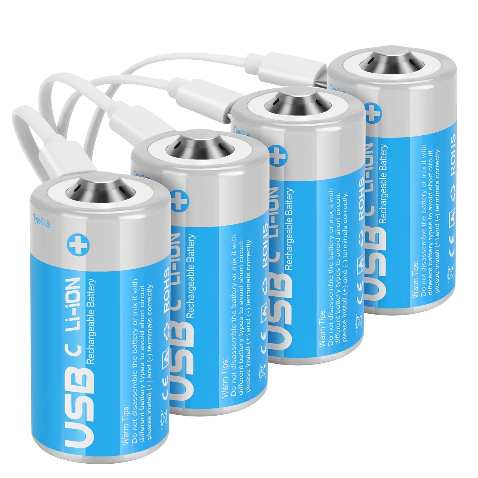 messule Rechargeable Lithium C Battery 4 in 1 USB-C Charging Cable 4 Pack C Cell Li-ion Battle LR14 1.5V C Size Cell Battery Replacement for 4100mWh Floodlight Toys (4pcs)