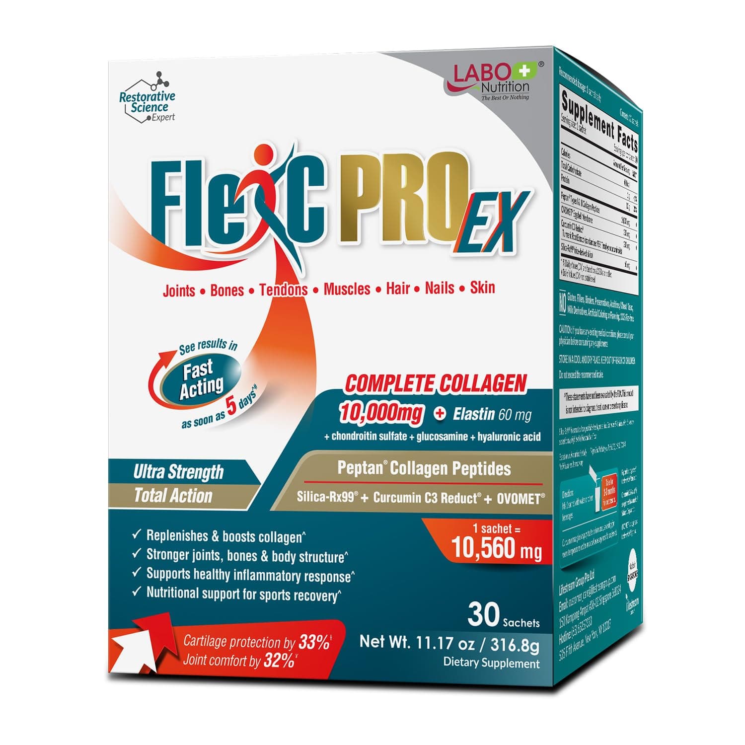 LABO Nutrition FlexC PRO EX with Peptan Type I, II & III Collagen Peptide, Organic Water Soluble Silica and Curcumin C3 Reduct, for Joint, Bones, Muscles, Nails, Skin Health, Unflavored, No Additives