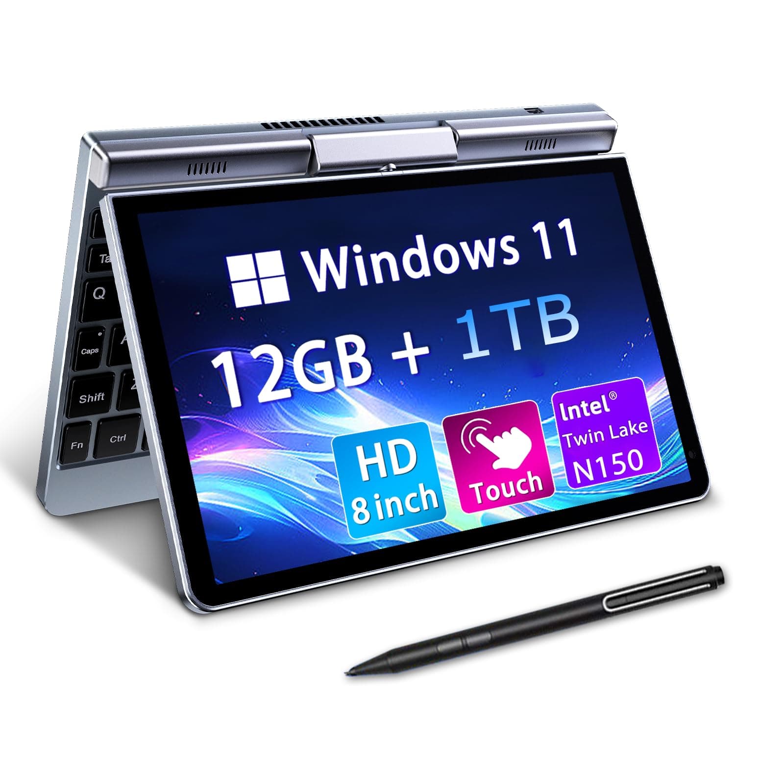 Mini Laptop 8" 2-in-1, Laptop Computer Win 11, Intel N150(up to 3.6GHz), 12GB RAM 1TB SSD, Touchscreen HD, Backlit Keyboard, Wi-Fi 6, USB-C, Lightweight Portable PC for Work/Kids/School