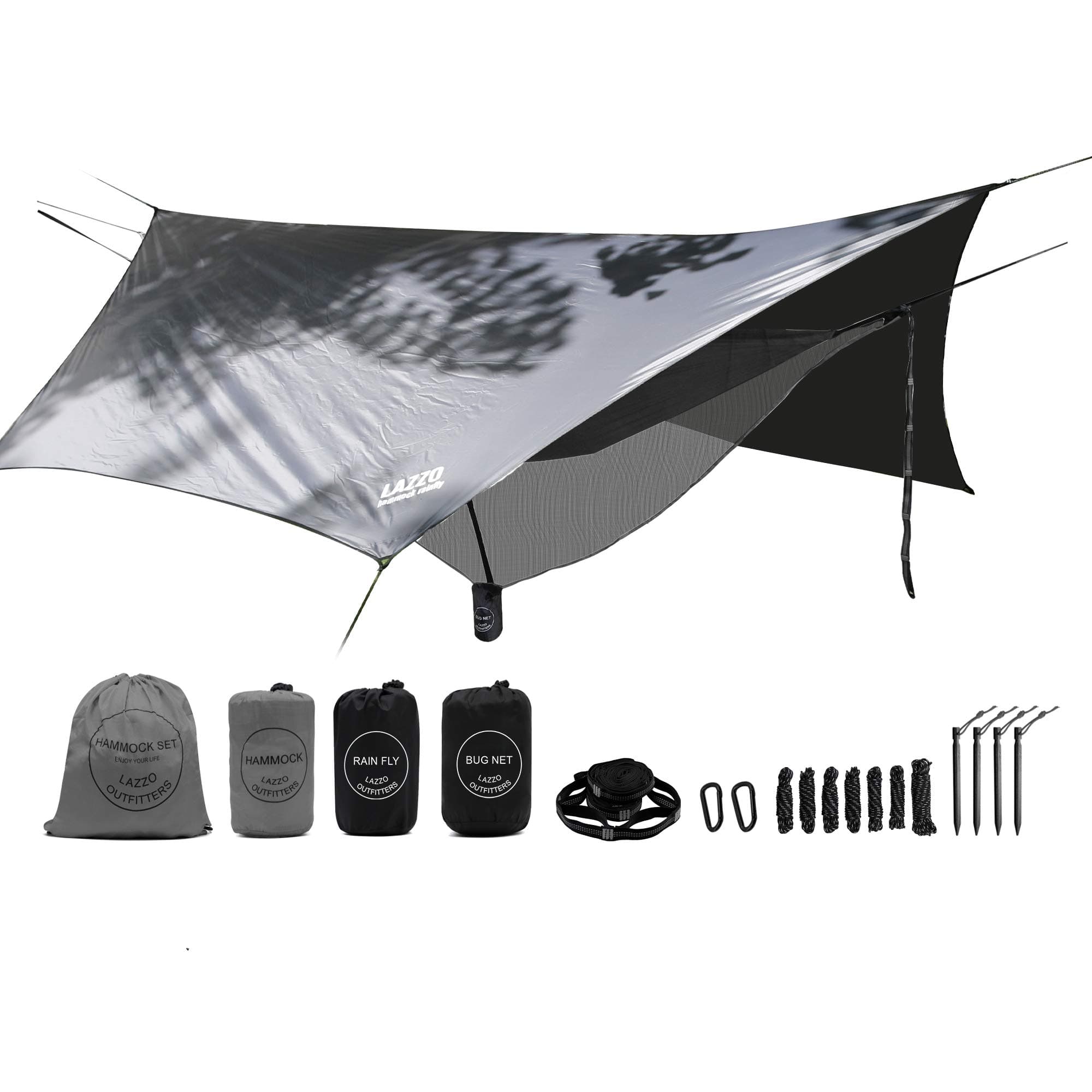 LAZZO Double Camping Hammock | Bundle Includes Net, Tarp, Tree Straps, Backpack | Weighs 4 Pounds, Perfect for Hammock Camping,Backpacking，Hiking | Lightweight Nylon
