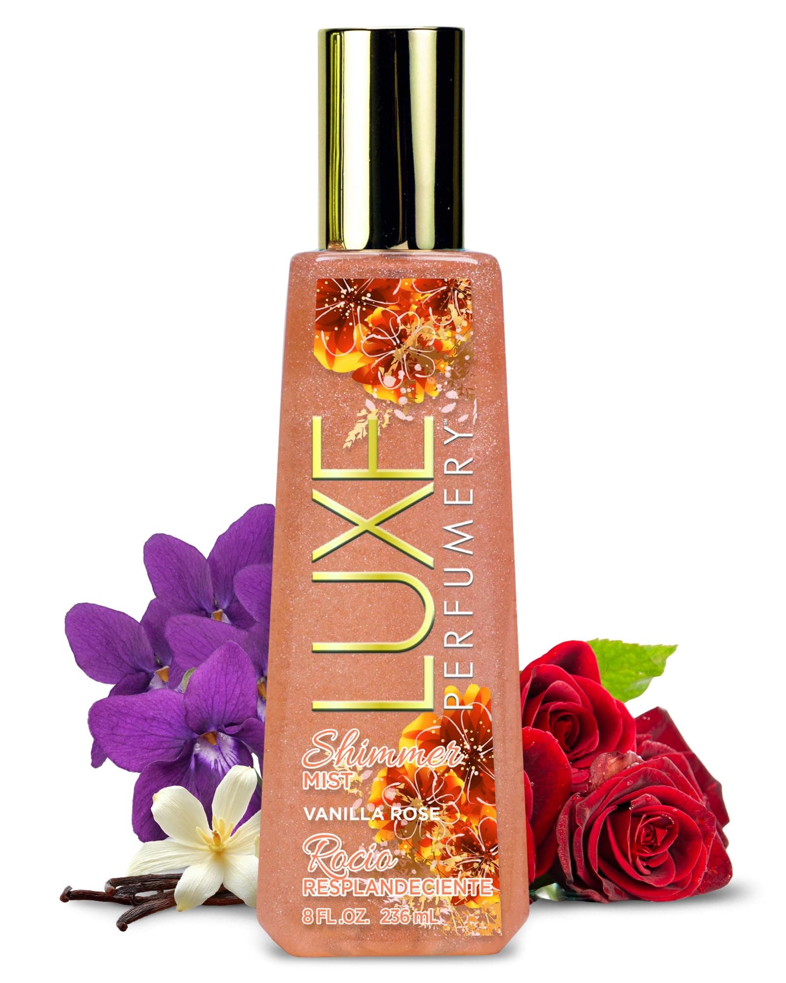 Luxe Perfumery Vanilla Rose Shimmer Body Mist – Body Glitter Spray with Soft Floral Vanilla, Rose, Bergamot & Violet Notes, Radiant Glow Shimmer Spray for Women, Gift for Her, Made in USA, 8 fl oz