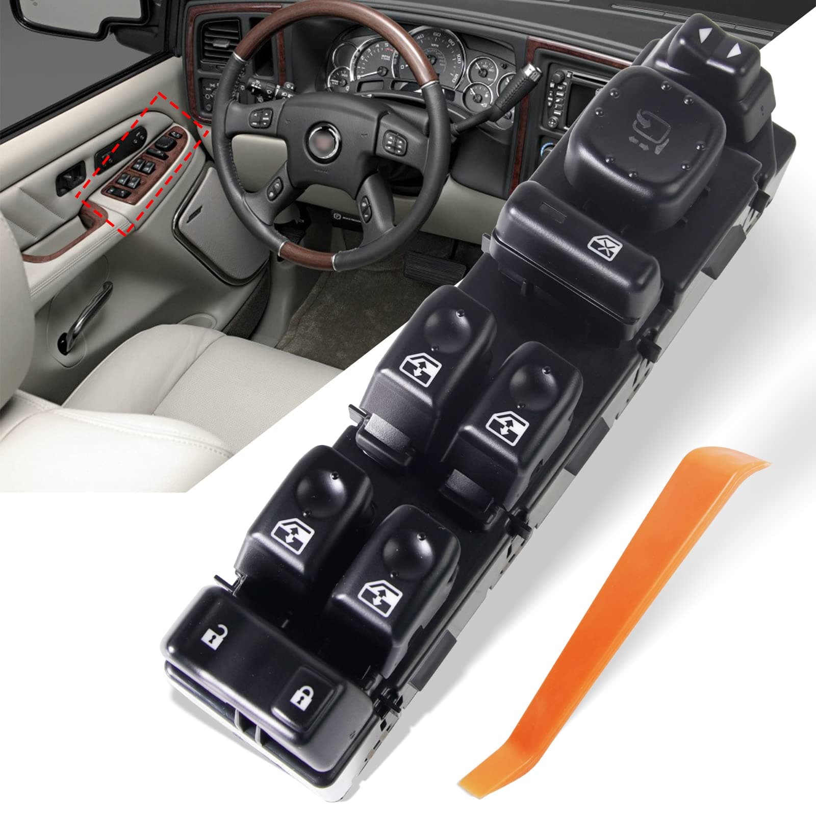 MIKODA 15883319 Master Power Window Switch w/Mirror Switch & Module, Front Driver Side Door Lock Fit for Cadillac Escalade Avalanche Silverado Suburban Tahoe GMC Sierra Yukon Hummer 2003-2006