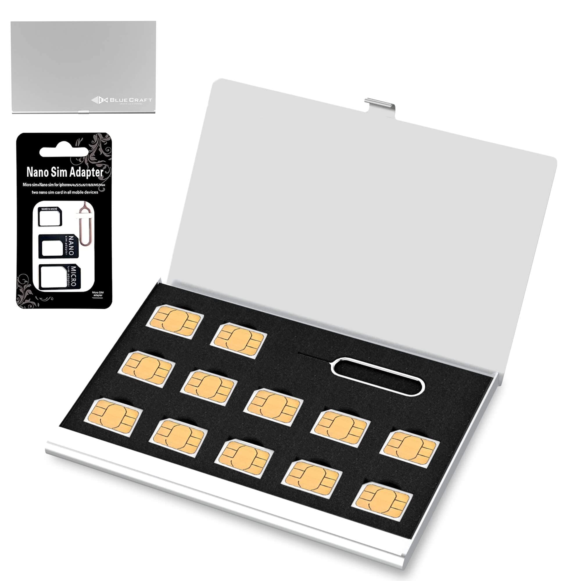 Slim Nano SIM Card Case (Max. 12 x Nano SIM) Aluminum Storage Holder with SIM Card adapters & Eject Pin silver SIM12-S