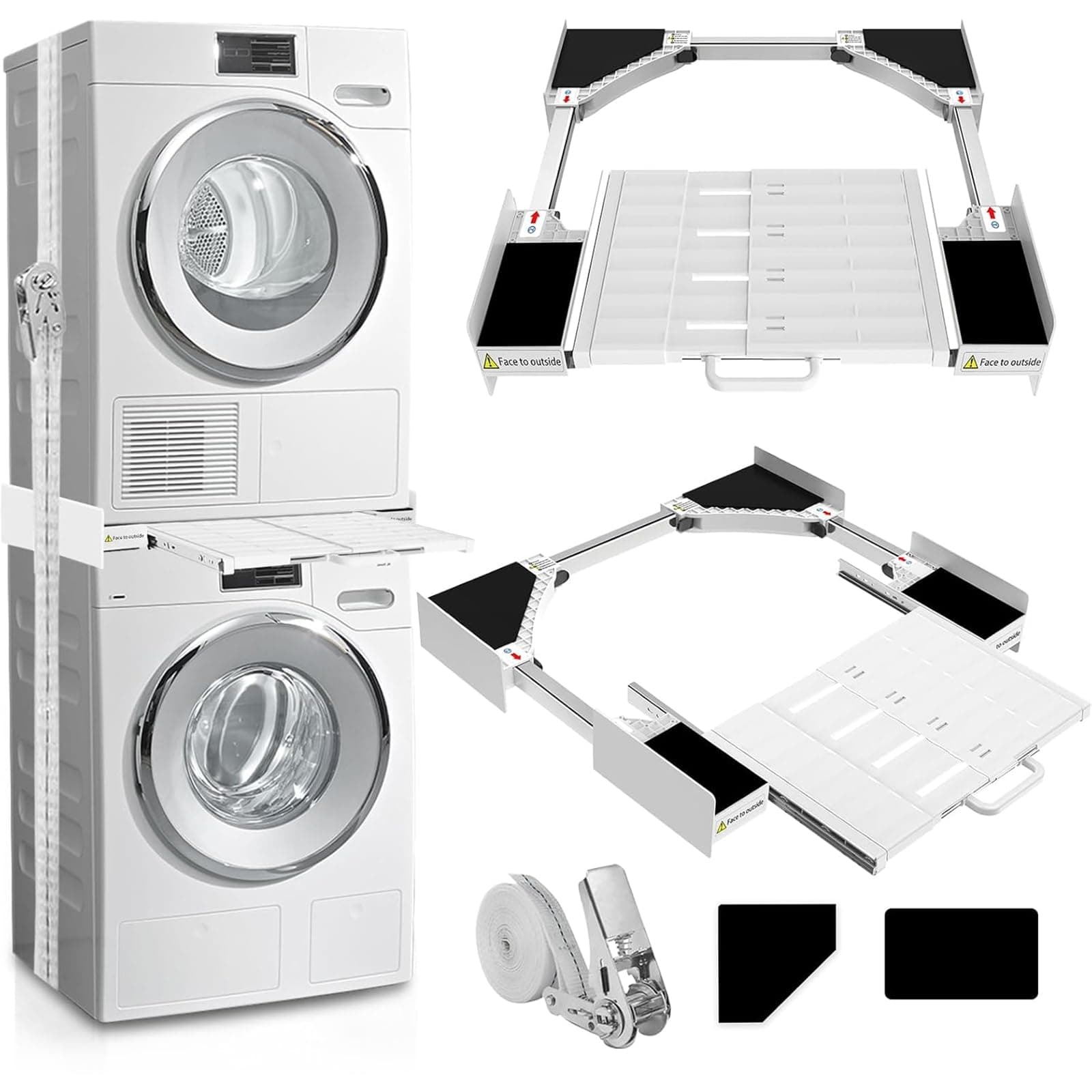 Kiss Core Washer Dryer Stacking Kit, Universal Washer Dryer Stacking Kit with Pull-Out Sliding Plate, Adjustable 29"-21" Stacking Kit for Washer and Dryer with Ratchet Strap