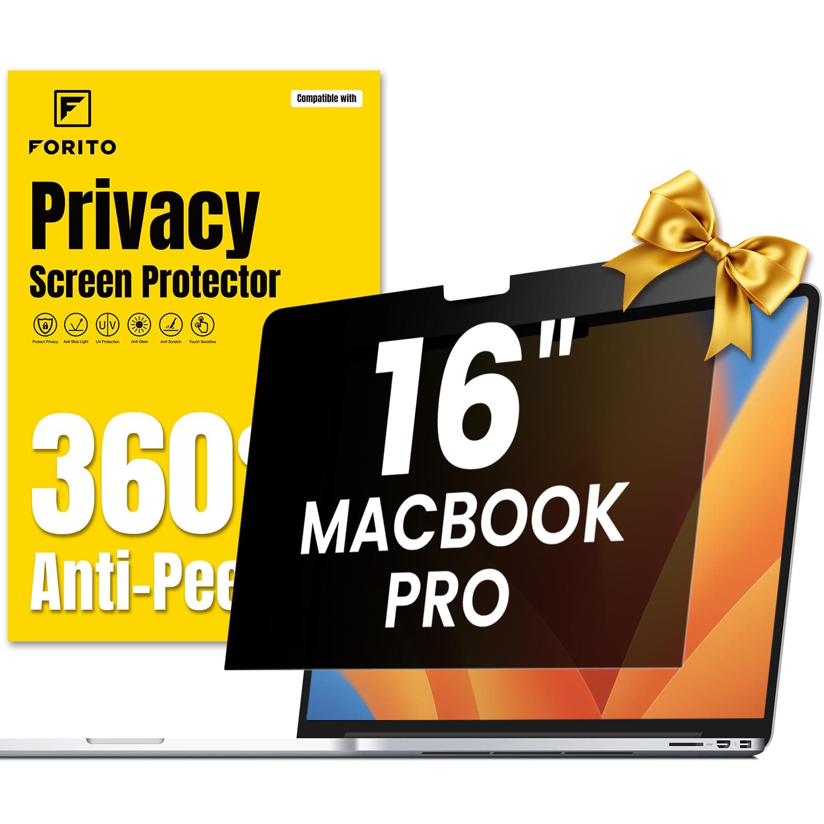F FORITO 360° Privacy Screen Protector Compatible with MacBook Pro 16 inch (2021, 2022, 2023, M1, M2, M3, Pro, Max), Anti Peeping, Anti Glare and Scratch Resistant Laptop Privacy Screen