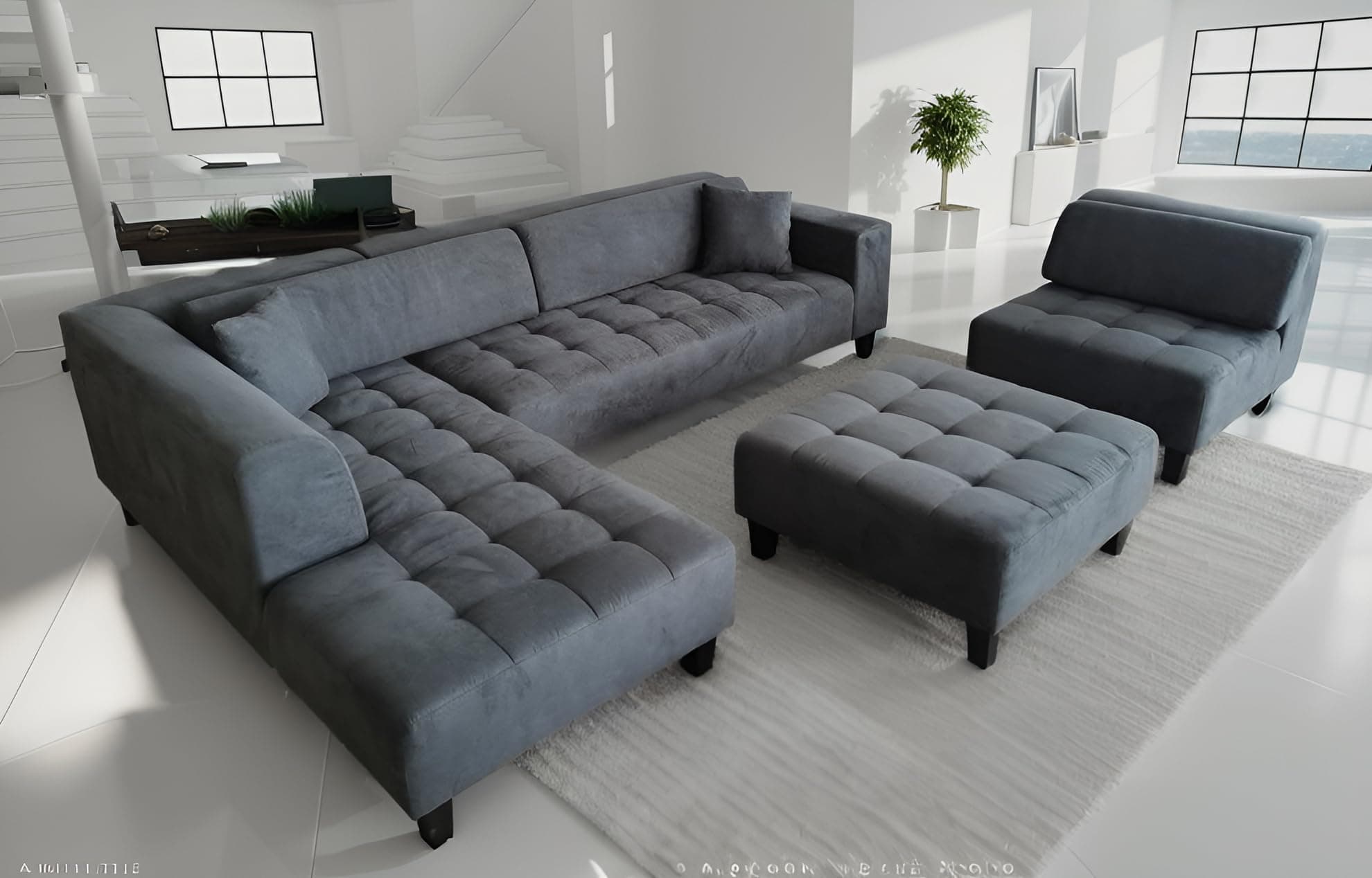 Stendmar 4pc 117" to 153" Upholstered Modern Dark Gray Microfiber Sectional Couch Sofa Chaise Chair Ottoman S1107 (S1107LDG Dark Grey, Left Hand Facing)