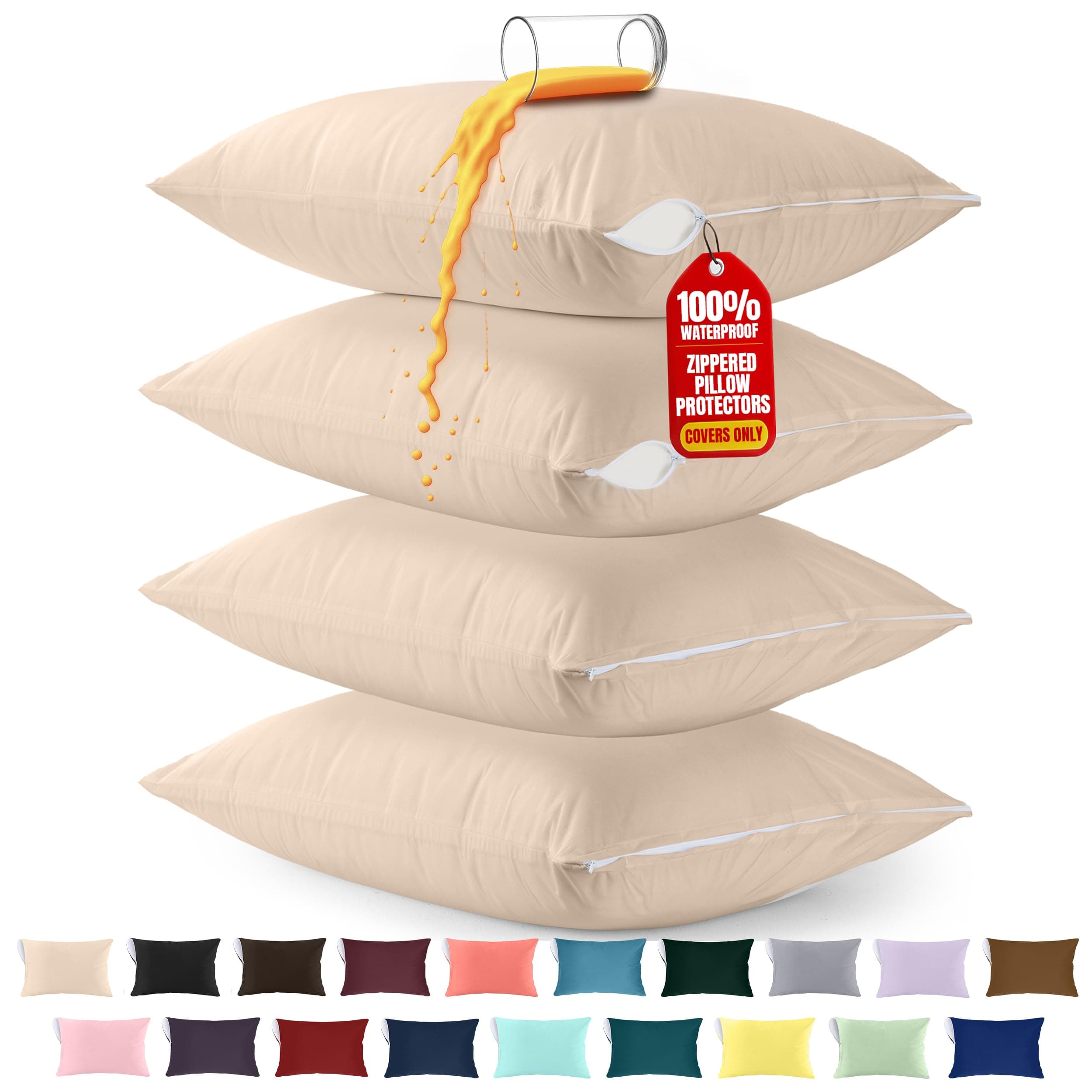 Utopia Bedding Waterproof Pillow Protector Zippered (4 Pack) Queen Beige – Bed Bug Proof Pillow Encasement 20 x 28 Inches