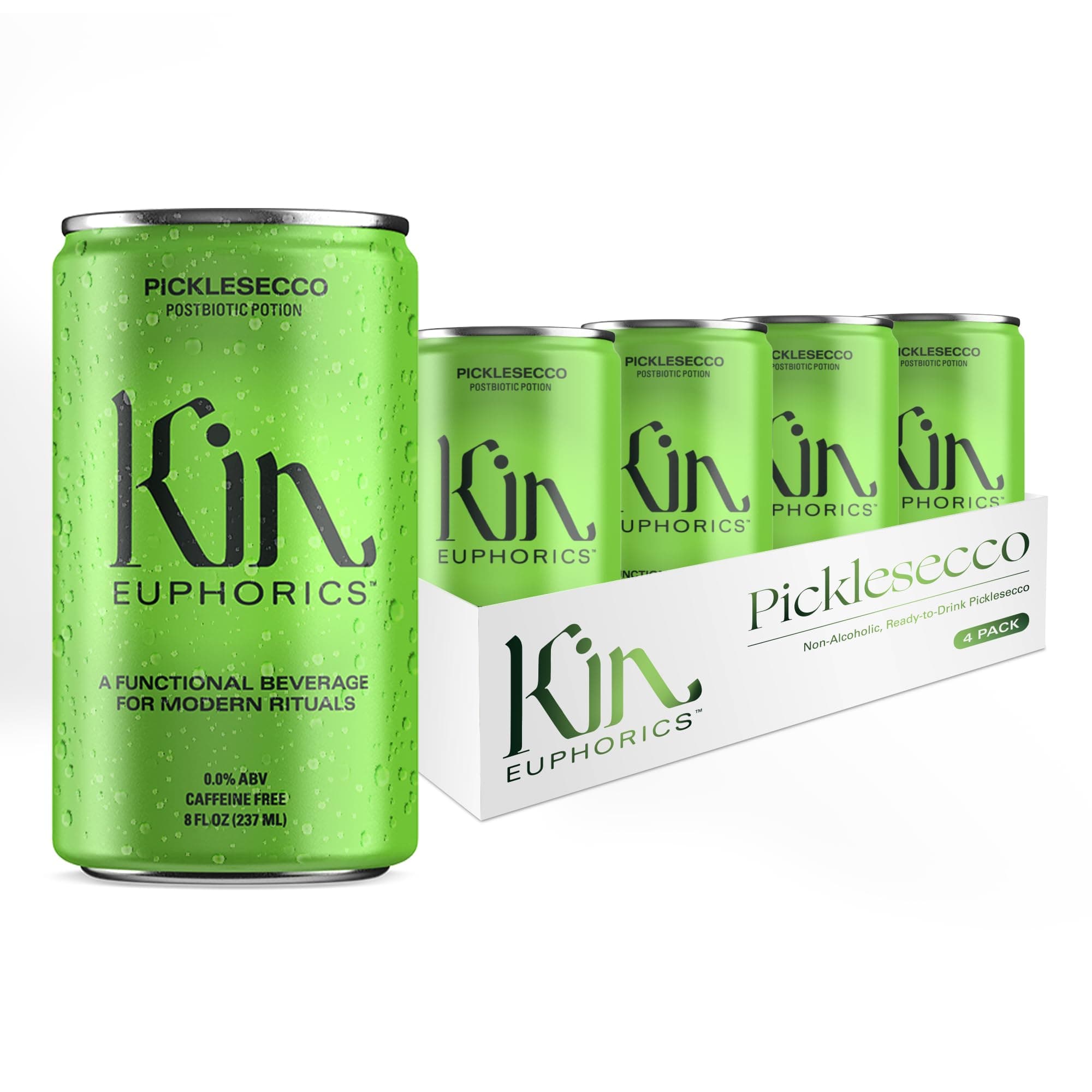 Kin Euphorics Picklesecco Non-Alcoholic Functional Beverage | Postbiotic Sparkling Potion | Apple Cider Vinegar, Dill, Sea Salt | 8 Fl Oz (4pk)