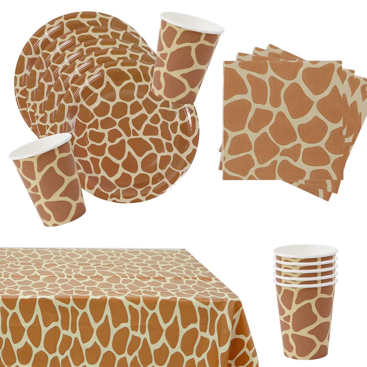 Giraffe Themed Party Supplies for 16 guests, Giraffe pattern tableware, Giraffe Plates, Cups, Napkins and Tablecloth