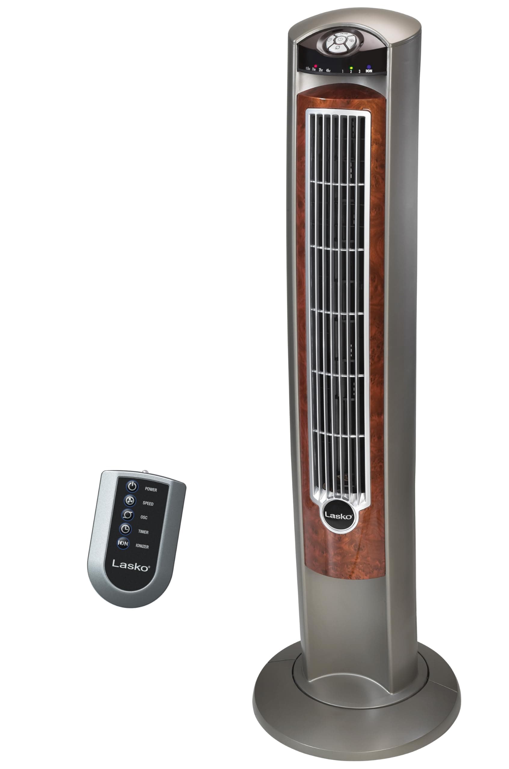 Lasko Wind Curve Oscillating Tower Fan, Fresh Air Ionizer, Timer, Remote Control, Portable Electric Fan for Indoor, Bedroom and Home Office Use, 42", Silverwood 2554