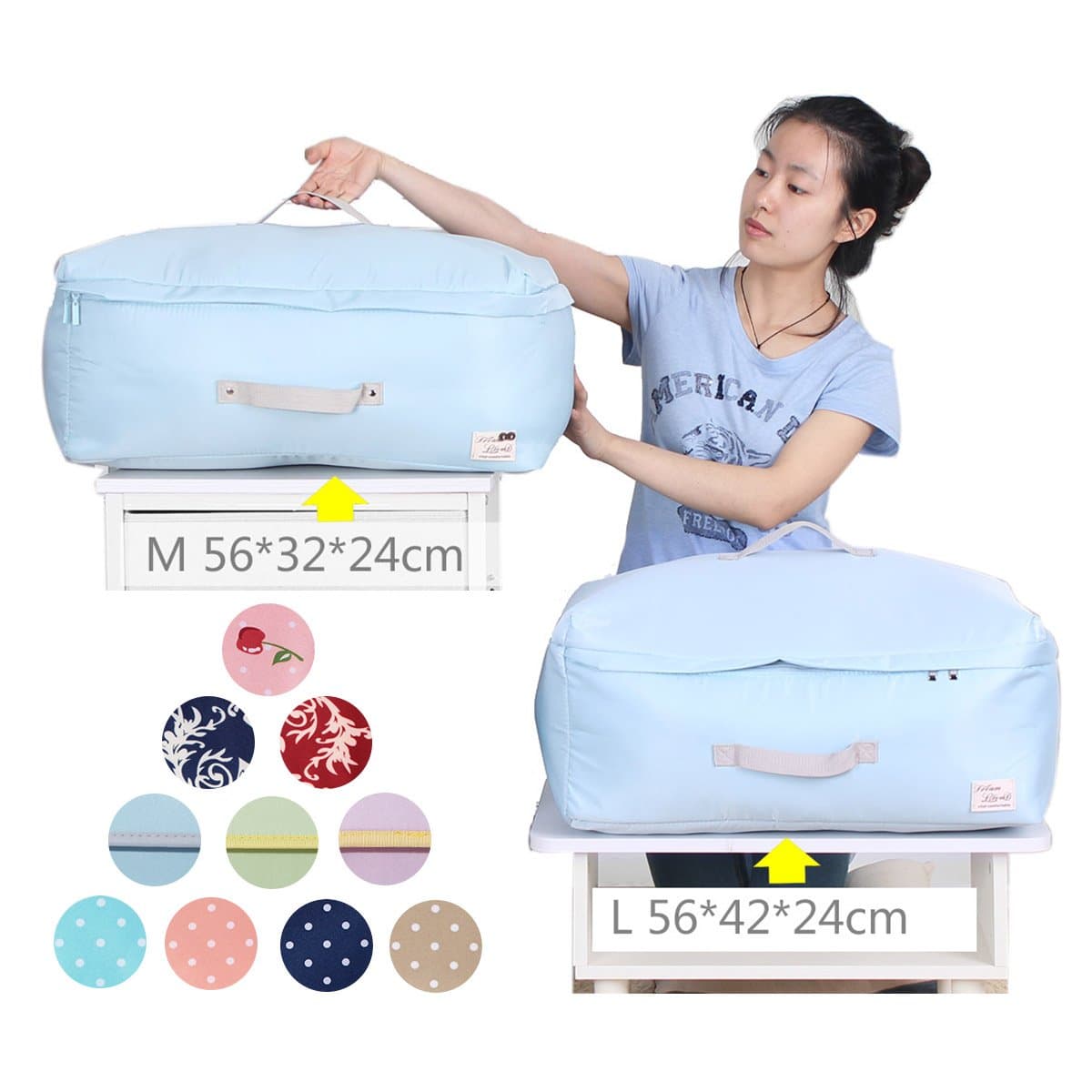 zami 6 size Fluffy touch Comfortable clean Three-layer fabric storage bag quilt bedding Duvet soft streth box cloth case chest closet Cute fancy (Pure-sky, M 22.1×12.6×9.5"(for spring cloth))