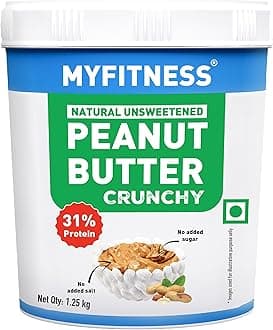MYFITNESS All Natural Peanut Butter Crunchy 1.25kg | 32g Protein | Unsweetened | No Added Sugar or Salt | No Palm Oil | Nut Butter Spread for Pre & Post-Workout | Cholesterol Free | Zero Trans Fat