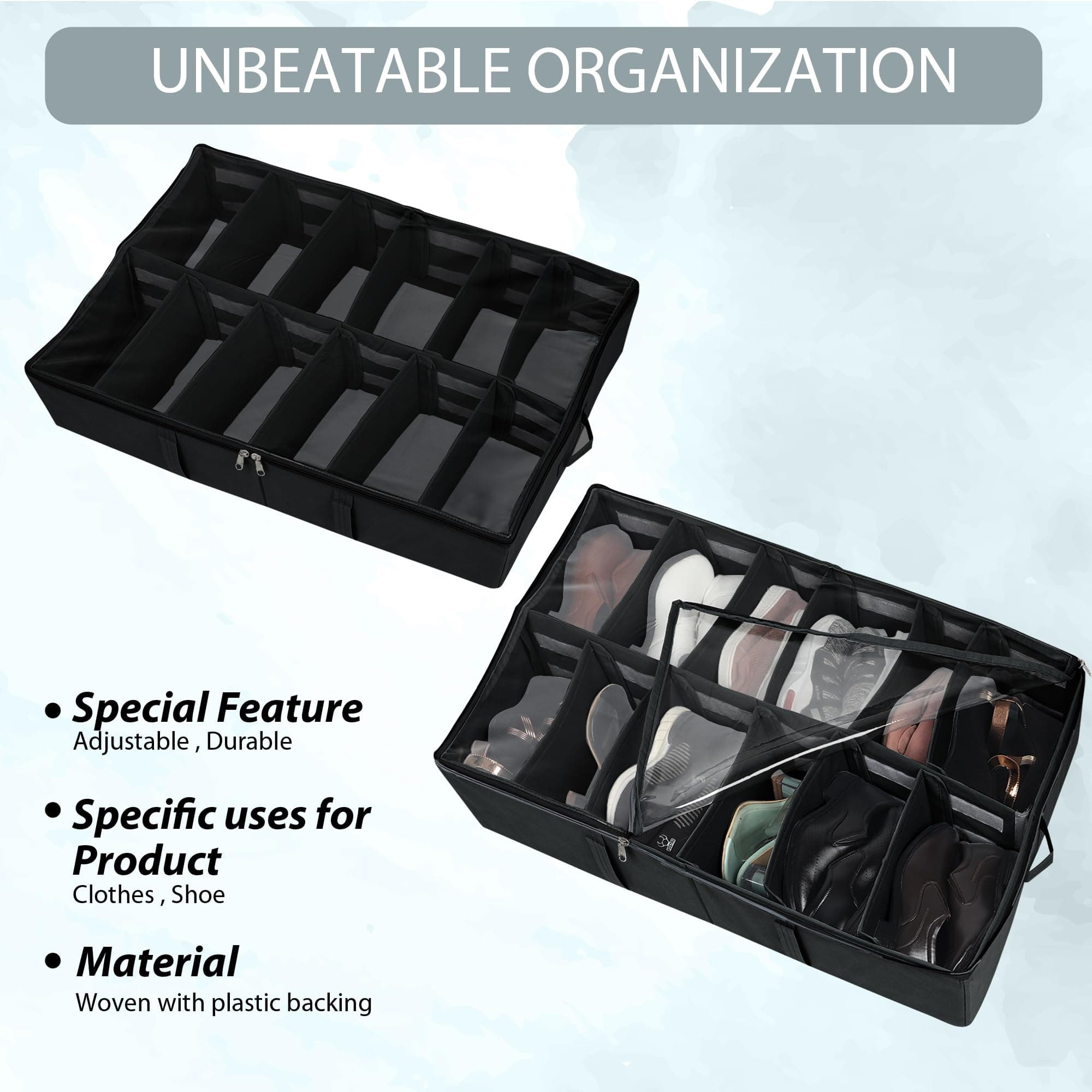 DOUBLE R BAGS Under Bed Shoe Organizer with Zipper | 12 Compartments | Dustproof Space-Saving Storage Box for Sneakers, Heels & Boots | Black (72x61x13 cm) Pack of 2