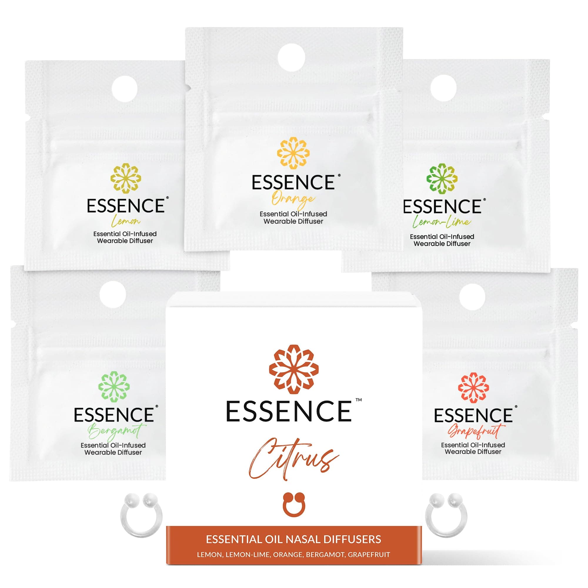 Essence Nasal Diffuser Citrus Bundle – Essential Oil Silicone Nose Rings for Mood, Energy & Positivity – Wearable Aromatherapy Pack with Lemon, Orange, Grapefruit & Bergamot