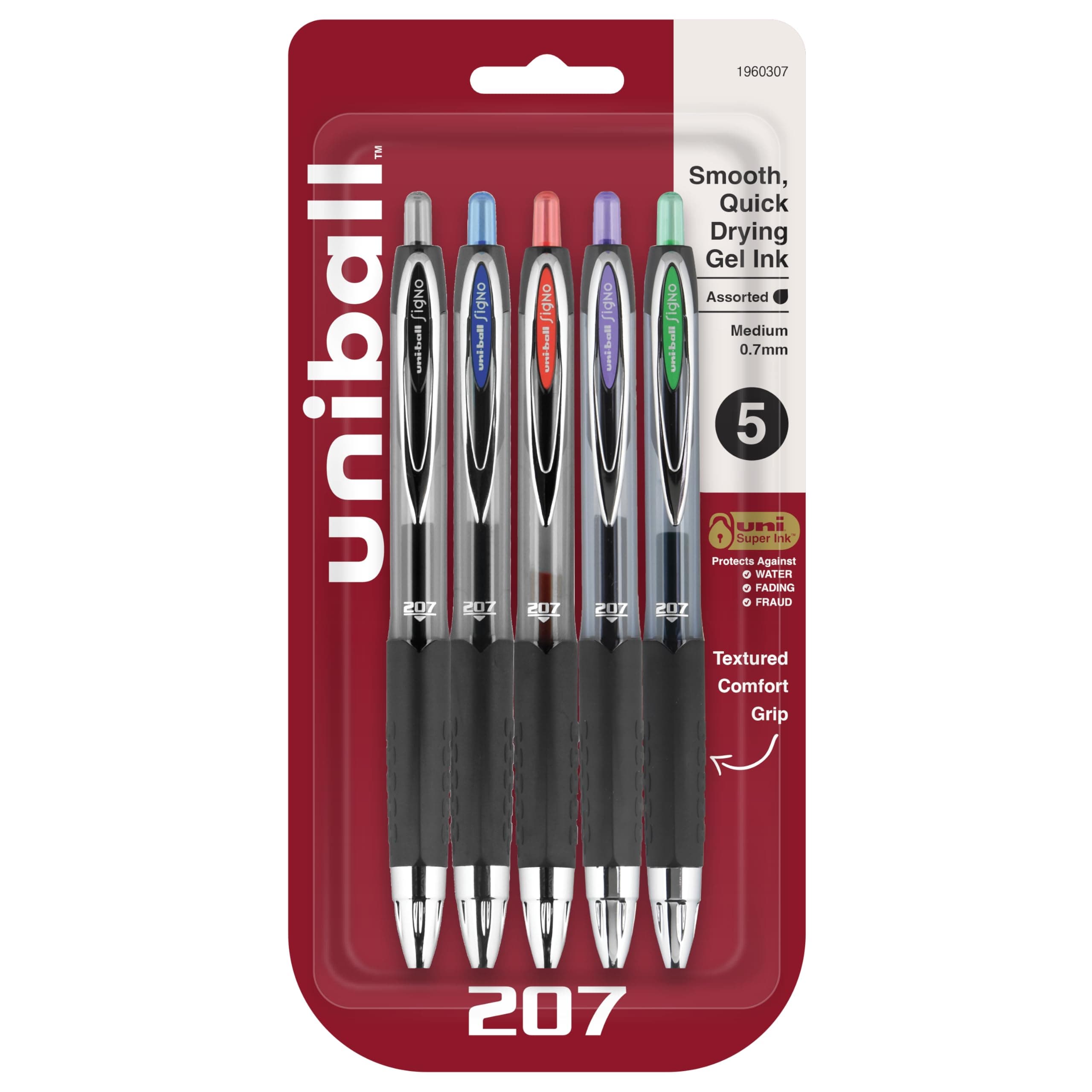Uniball 207 Retractable Gel Pens, 0.7mm Medium Point, Assorted Ink, 5/Pack