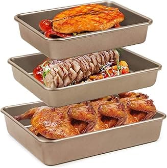 Arabest Deep Baking Pans Set, 3pcs Durable Food Grade Carbon Steel Cake Pan, Non-stick Rectangle Oven Tray Baking Sheet Set, Sheet Cake Pan for Homemade Cakes, Breads (Rose Gold, 22.5, 28, 32cm)