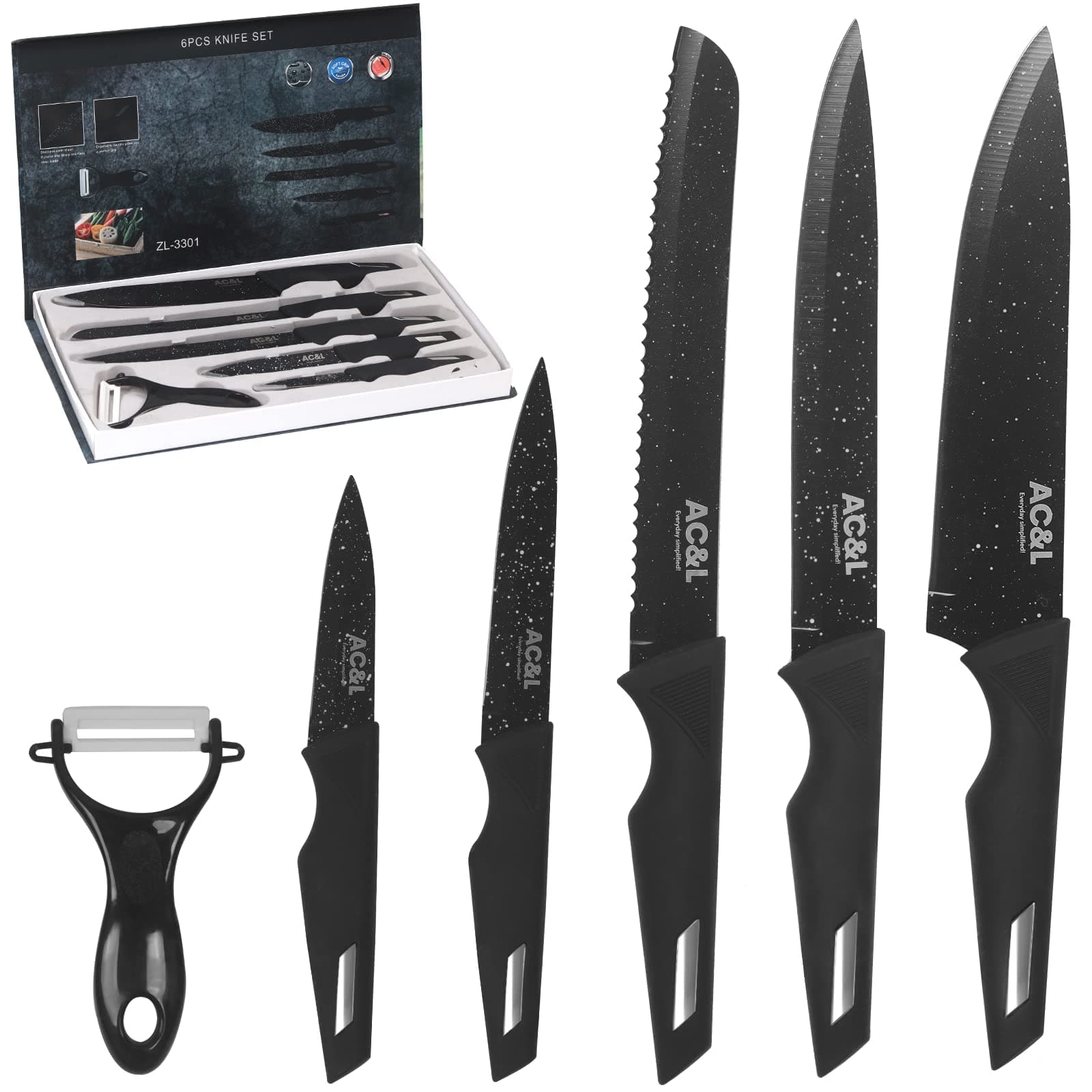 AC&L Kitchen Knife Set [6 Pcs Set] Stainless Steel Kitchen Knives with Peeler, Non-stick Ripple Pattern Sharp Blades with Safe and Sturdy Handles for Slicing, Chopping, Cutting (Black)