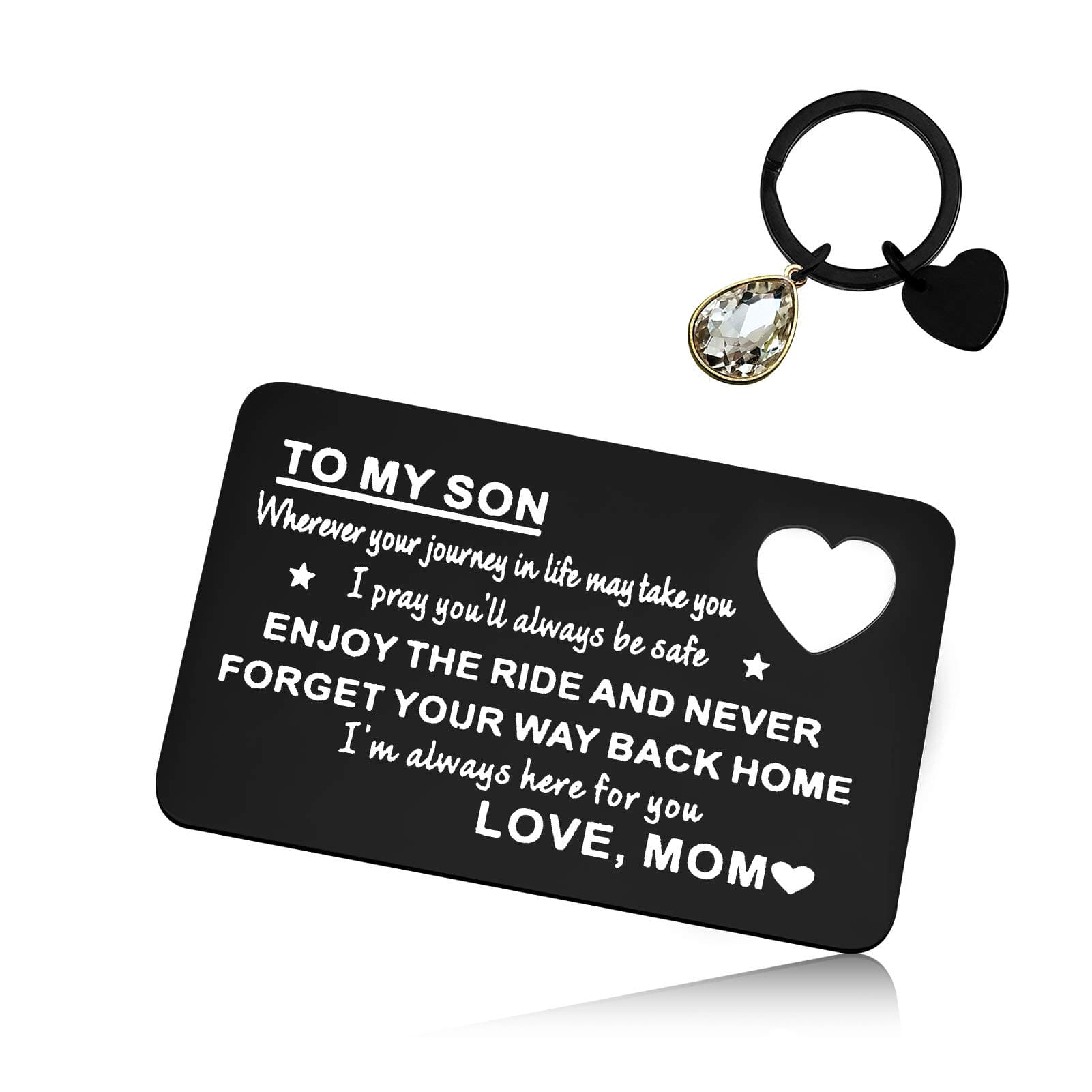 Christmas Son Gift From Mom Engraved Wallet Insert Keychain Set Mom to Son Gifts Card Inspirational Gift Birthday Graduation Gift New Driver Gift Going Away Gift for Boys Teens Son Birthday Card