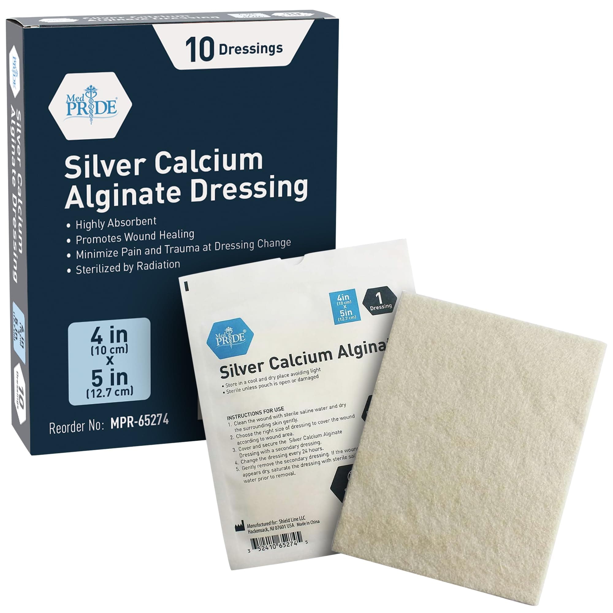 Silver Calcium Alginate Wound Dressing, 10-Pack | Highly Absorbent, Nonstick, Seaweed, Easy Removal (4'' x 5'' Silver)